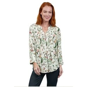 LA CERA Women's XL Floral Bird Butterfly V-Neck‎ Pleated 3/4 Sleeve Tunic Green